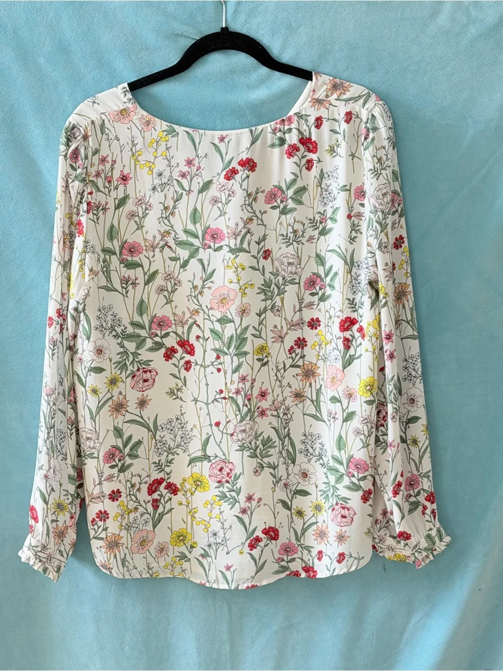 LOFT White Floral V-Neck Blouse with Pink Red Yellow Green Print - Picture 2 of 4